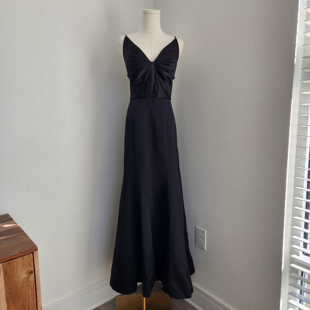 Morilee by Madeline Gardner Black Satin Mermaid Gown V Neck Maxi Dress M